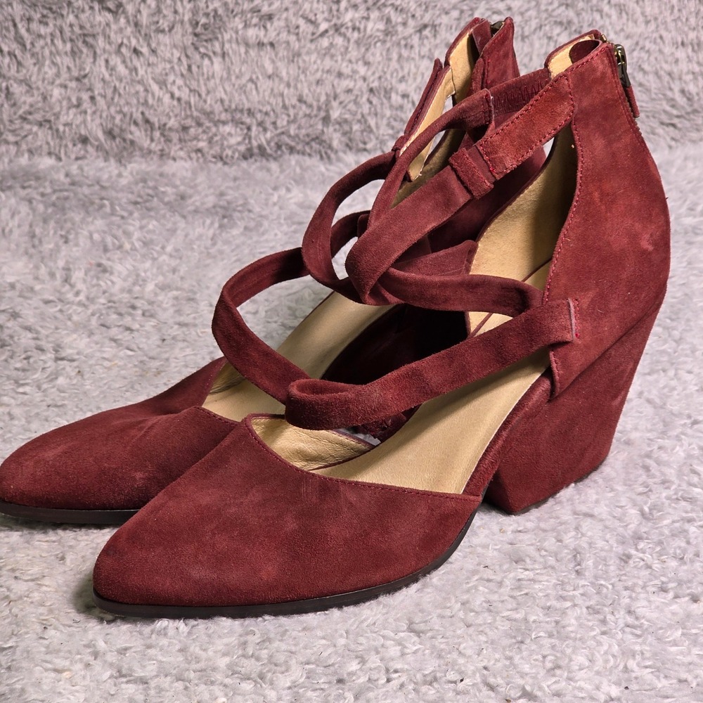 Eileen Fisher Strappy Wedge Pumps Burgundy Suede Pointed Toe Wrapped Heels Sz 10